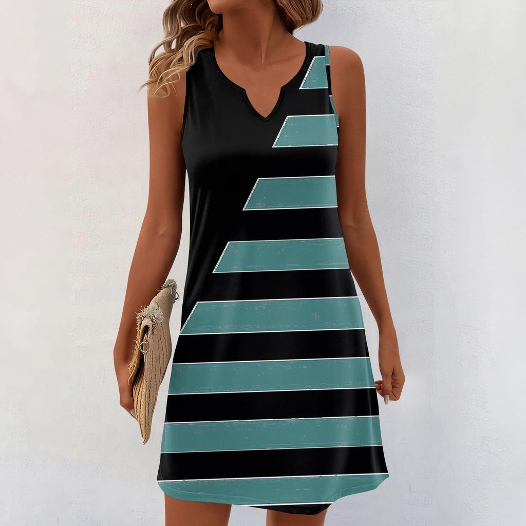 Women Summer Dresses V-Neck Print Sleeveless Sundress Casual Dress