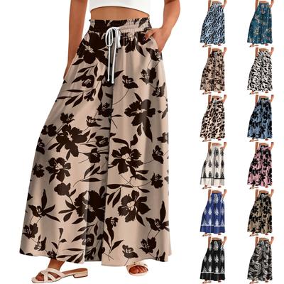 Palazzo-Hose für Damen, Boho-Stil, Blumenmuster, weites Bein, Sommer-/Strandhose, hohe Taille, fließende Hose mit Taschen