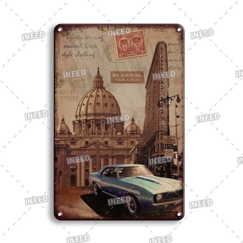 INEED Decor Vintage City Landscape Metal Tin Sign  New York London Italy  Retro Poster Travel Scenery Wall Art Stickers  Perf