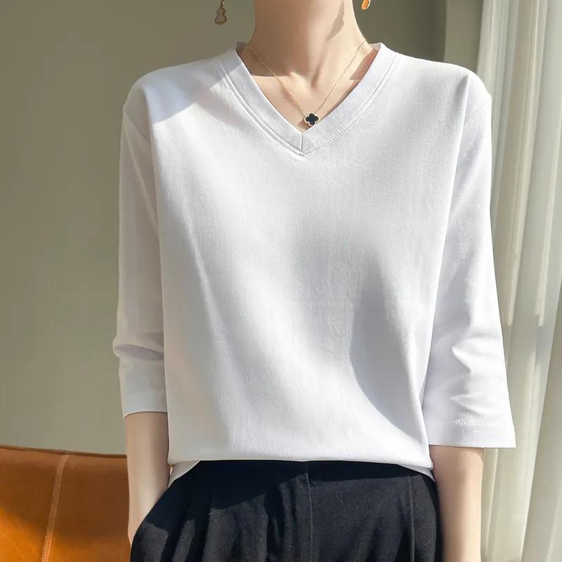 Women's Summer V-neck Seven-quarter Sleeve Solid Color Loose T-shirt Beautiful Commuter Tops