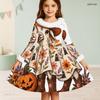Girls High Neck Long Sleeve Halloween Hedgehog Printed Fluffy Trim Tie Waist A Line Flared Dress