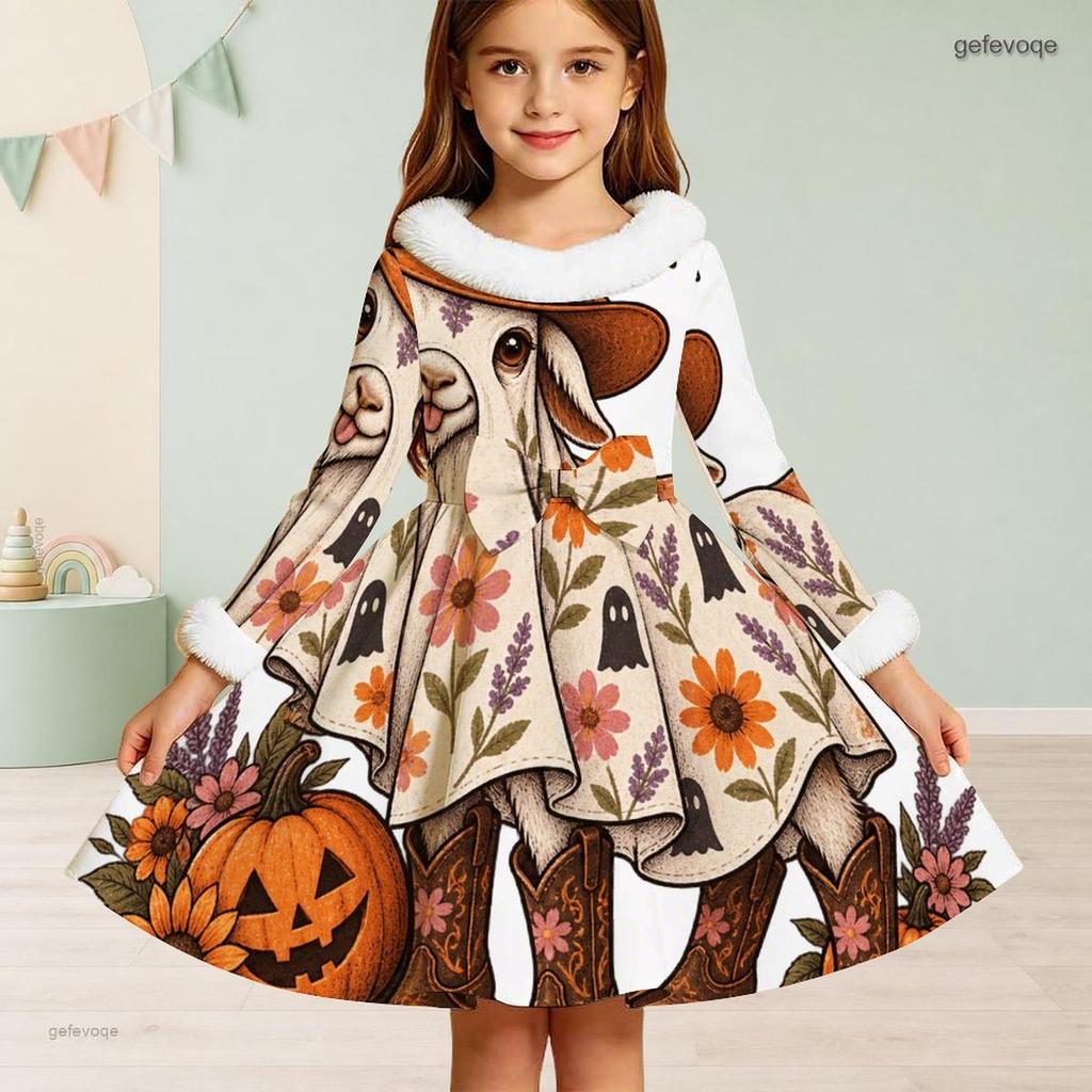 Girls High Neck Long Sleeve Halloween Hedgehog Printed Fluffy Trim Tie Waist A Line Flared Dress