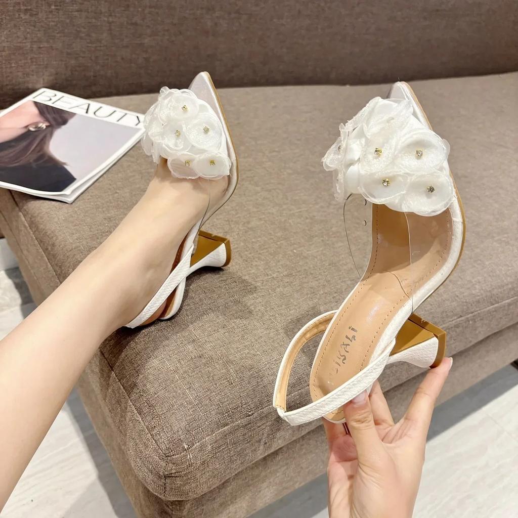 Sexy Pointed Transparent PVC Cover Teo High Heels Sandals Flower Rhinestone Back Strap Women Banquet Dress Shoes White