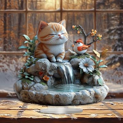 Little Cat and Hummingbird Statue, Floral Accents, Studio, Cafe, Room, Table Ornament Desktop Decor Gift, Nurseries, Home Desk Living Room Decoration