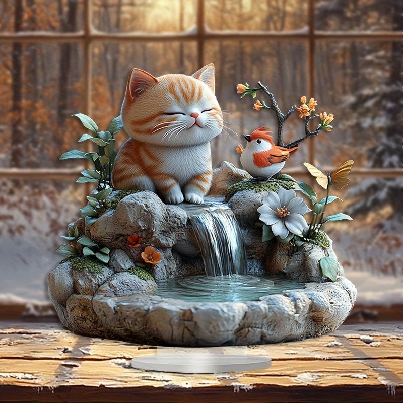 Little Cat and Hummingbird Statue, Floral Accents, Studio, Cafe, room, Table Ornament Desktop Decor Gift, Nurseries, Home Desk Living Room Decoration