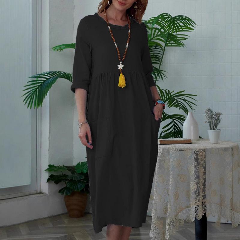 Elegant Women's Mid-Length Solid Color Dress with 3/4 Sleeves and Round Neck