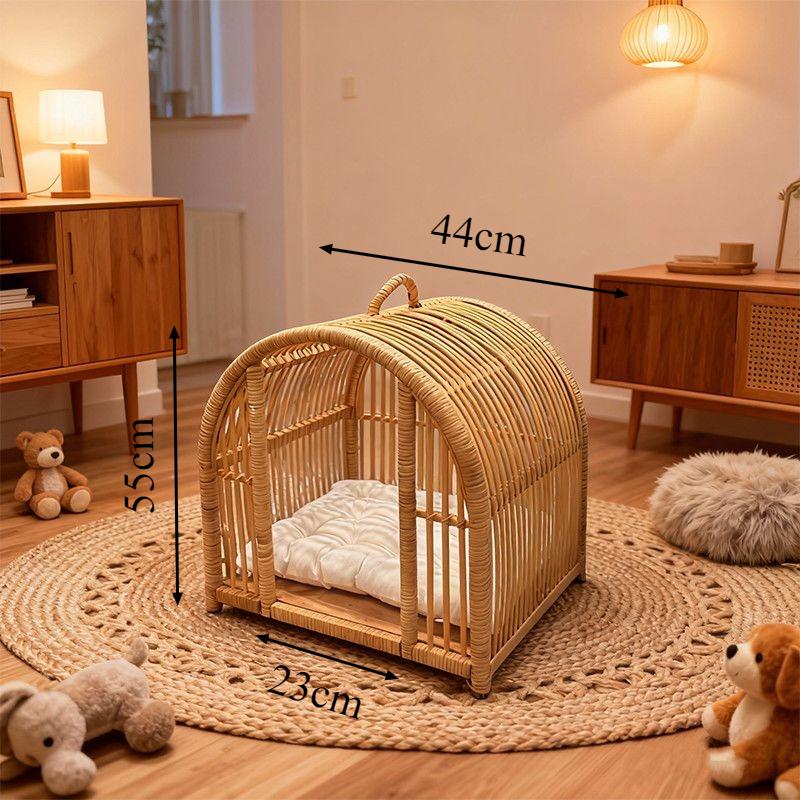 

Handmade Rattan Cat Bed Small Dogs All Seasons Semi-Enclosed Cats Cage Kennel with Cushion Indoor Home Natural Woven Pet Bed