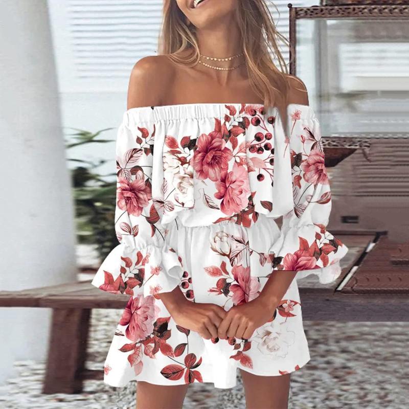 Women Floral Print Mini Dresses Summer Sexy Off Shoulder Flare Sleeve Tunic Dress Female Casual Boho Beach Dress