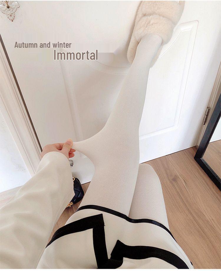Women's High-Waist Cotton Leggings - Thick, Velvet-Lined, Stirrup Tights In Milk White & Beige for Autumn/Winter