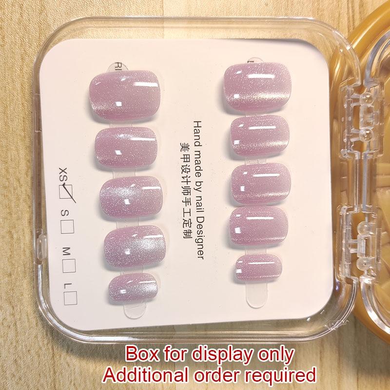 100% HANDMADE Round Shape Fake Nail Set With Glue Art Ice Cream Slightly Transparent Gray Purple Cat'S Eye Short Laser Rainbow Nails Reusable