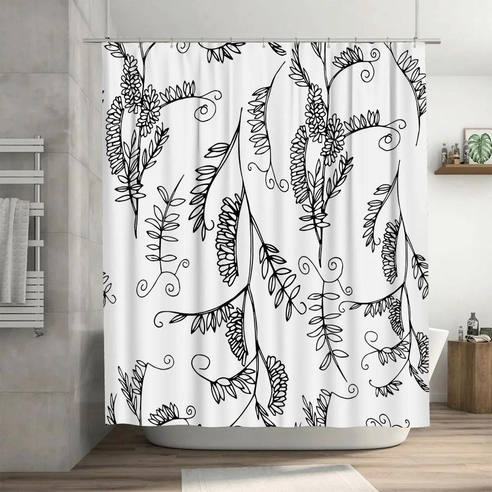 Vintage Black White Leaves Shower Curtain Waterproof Bath Rug Decoration Home Decorative Polyester Fabric Bathroom Decor 180x240