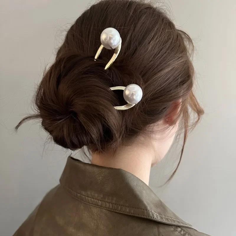New Pearl Hairpins Korean U-shaped Metal Shell Hair Clip Pins Women Girls Hair Sticks Bun Maker Hair Styling Accessories Gifts