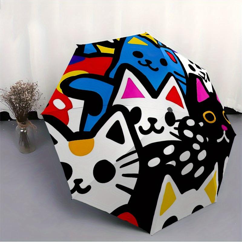 1pc Colorful Cats Art Automatic Open/Close Umbrella, Umbrella with cartoon Design, Portable Compact Umbrella for Men & Women, Good Holiday G