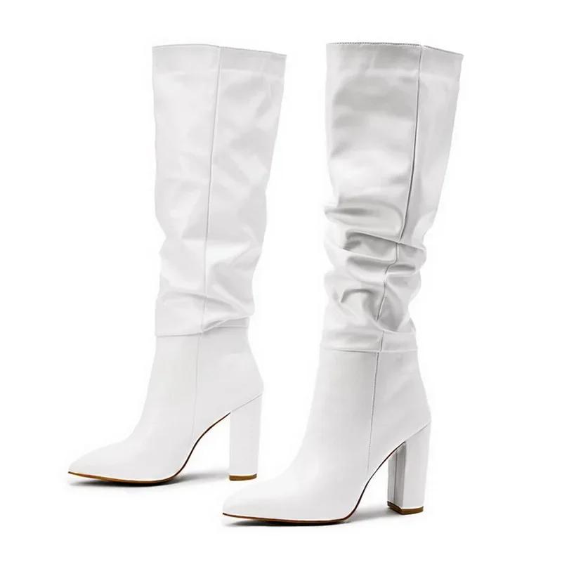 

Women Pleated High Thick Heel Knee High Boots OL Work Boots for Office Nightclub Party Wedding Banquet Zapatos De Mujer Sz35-42 35 белый