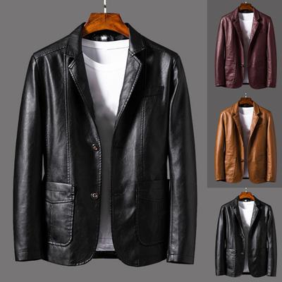 Suit Coat Faux Leather Turn-down Collar Cardigan Solid Color Men Formal Jacket for Meeting