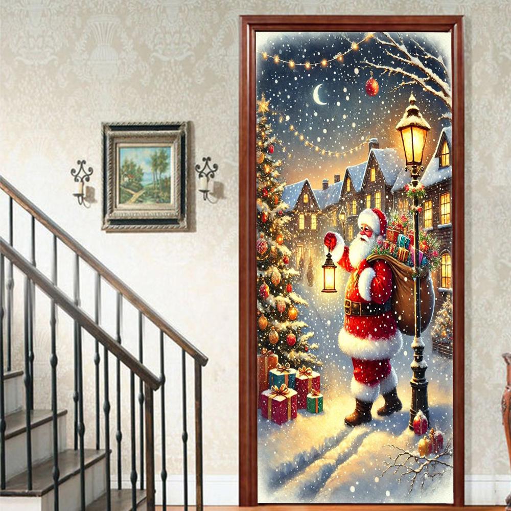 Christmas Santa Claus PVC Self-Adhesive Waterproof Door Sticker Modern Simulation Door Mural Wallpaper Living Room Study Home Decor Art Door Poster