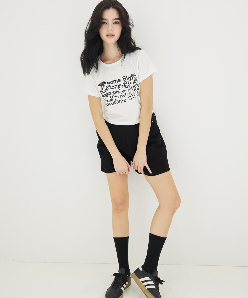AWESOME STUDIO Wave Lettering Crop Slim Short Sleeve T-Shirt Ivory