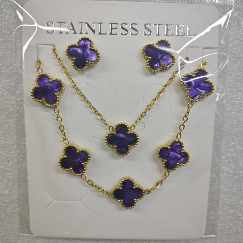 13mm Clover Pendant Necklace Bracelet Earring Set 18K Gold Plated Stainless Steel Jewelry Women Men
