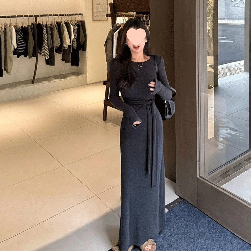 

Elegant Long Sleeve Lace-Up Dress for Women - Slimming Autumn/Winter Maxi Skirt with Round Neck 2XL