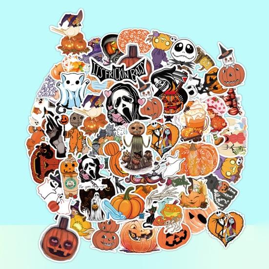 50Pcs Halloween Cartoon Stickers Various Pumpkin Witch Skull Ghost Funny Decals Waterproof PVC Adhesive Halloween DIY Decoration Stickers for