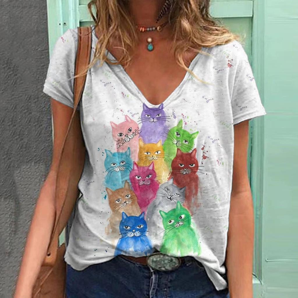 Summer Cat 3D Printed V-neck Short Sleeved  Women's T-shirts