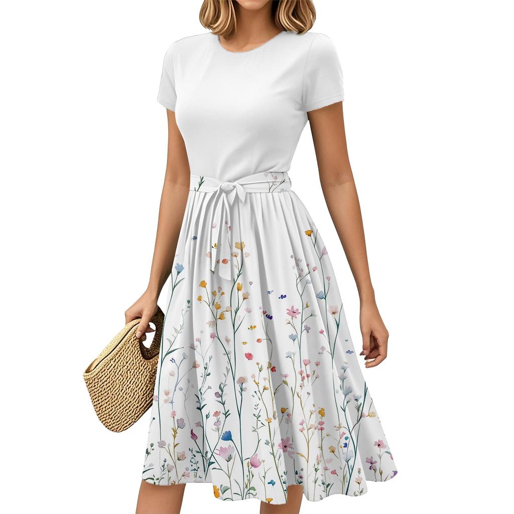 Women's Fashion Casual Belt Short Sleeve Round Neck Geometric Printing Splicing Elegant Temperament Dresses