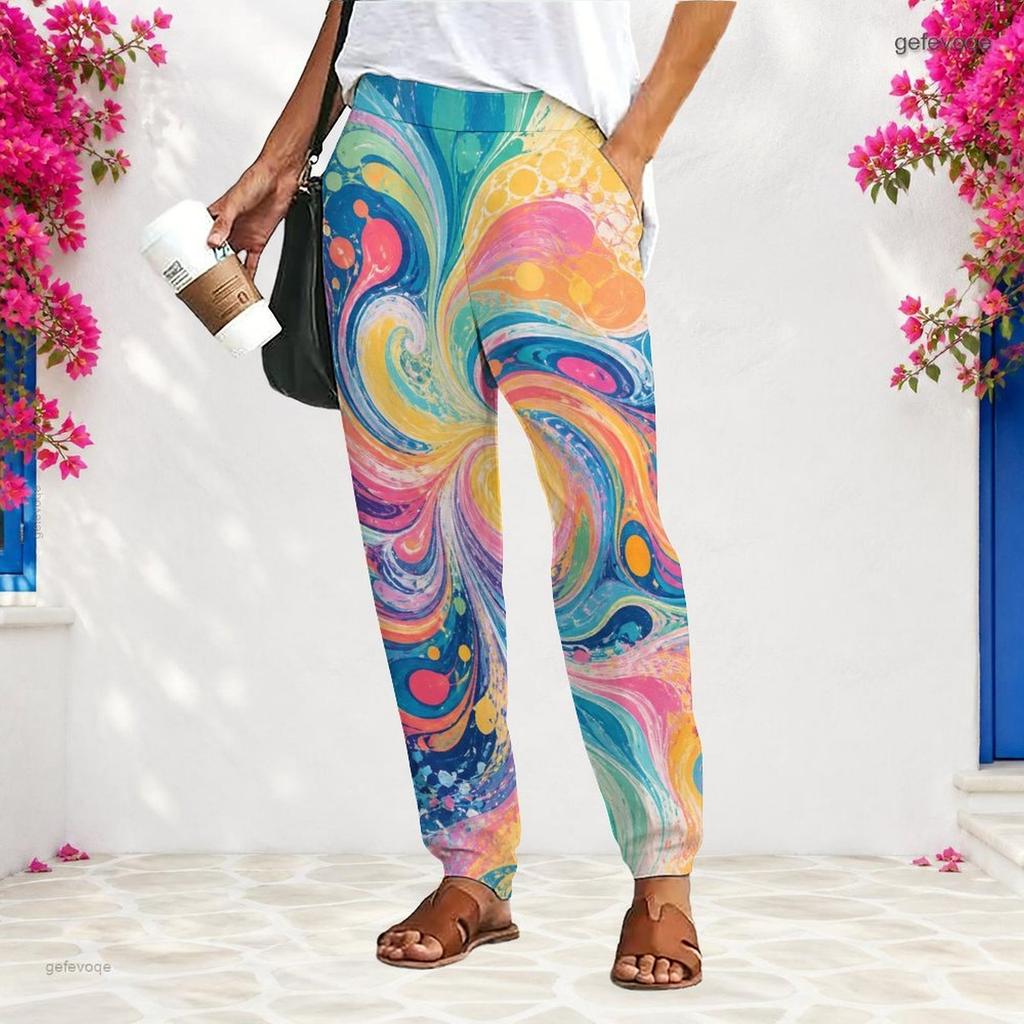 Women S Plus Size Loose Fit Printed Long Pants Black Pink Gradient With Pockets