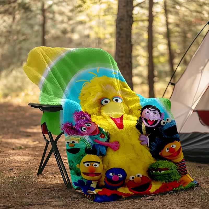 Colorful Sesame Muppets Together Blanket Flannel Throw for Sofa, Indoor, Camping, Living Room, Office, Chair, And Bed Soft Birthday Gift