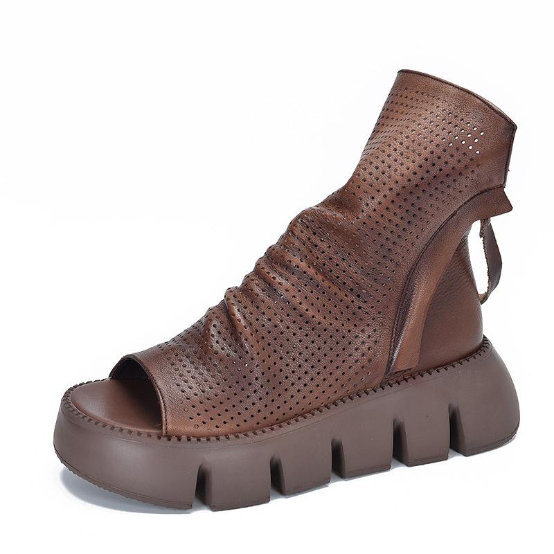 Johnature Fashion Thick Soled Platform Shoes Genuine Leather Women Peep Toe Sandals Hollow Out Boots