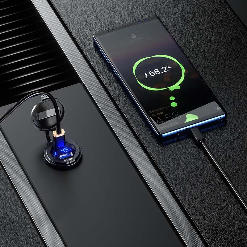 2022 Metal Dual 45W USB C Type C PD Fast Car Charger 12V/24V with Voltage/Power Display for SUV Motorcycle Truck Boat Bus RV ATV