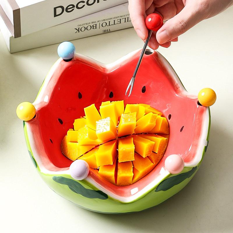 Creative Ceramic Watermelon Fruit Bowl with Fork for Home Living Room Fruit Plate Salad Bowl Cute Stainless Steel Fork