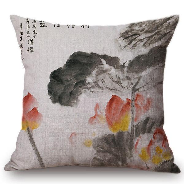 Chinese Style Vintage Ink Painting Lotus Pattern Throw Pillow Cover Classical Luxury Cushion Cover Sofa Decoration Pillowcase