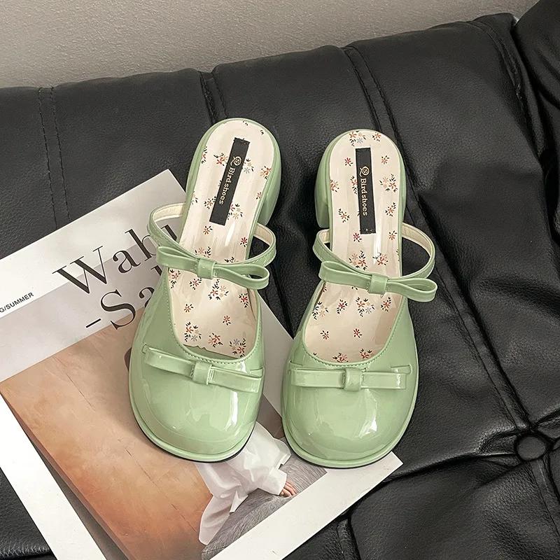 Sommer Schmetterlingsknoten Zehenabdeckung Damen Hausschuhe Elegant Dicker Absatz Kleid Pantoletten Damen Prägnant Tanzparty Ballschuhe