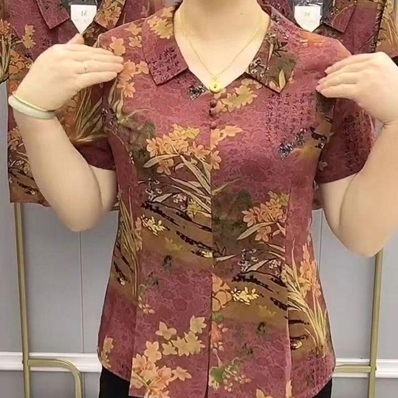 Folk Vintage Printed Loose Blouse Summer Turn-down Collar Button Commute Casual Pleated Spliced Shirt