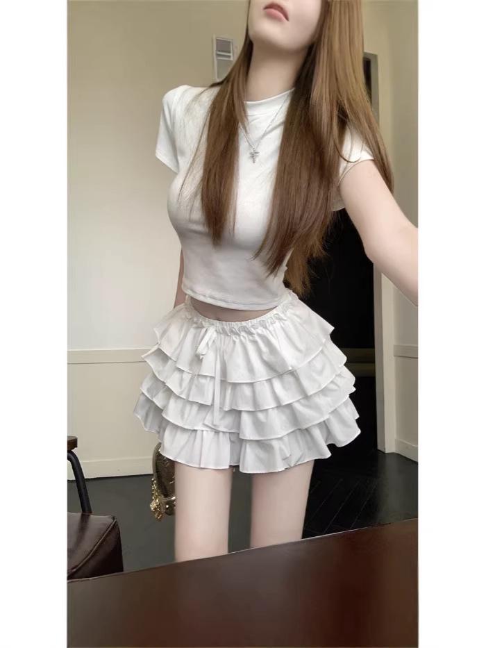 Korean Style Sweet White Layered Elastic Waist Short Skirt for Women - Spring/Summer Slimming & Versatile