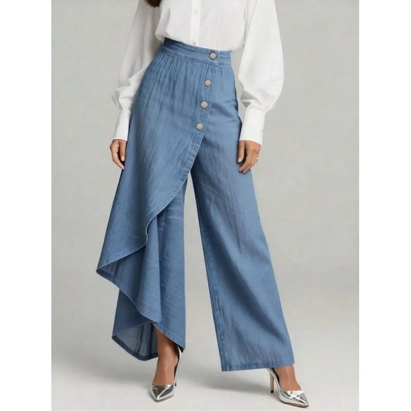 Women's Solid-Color Long-Hem Casual Denim-Style Button-Front Skinny Pants for Spring