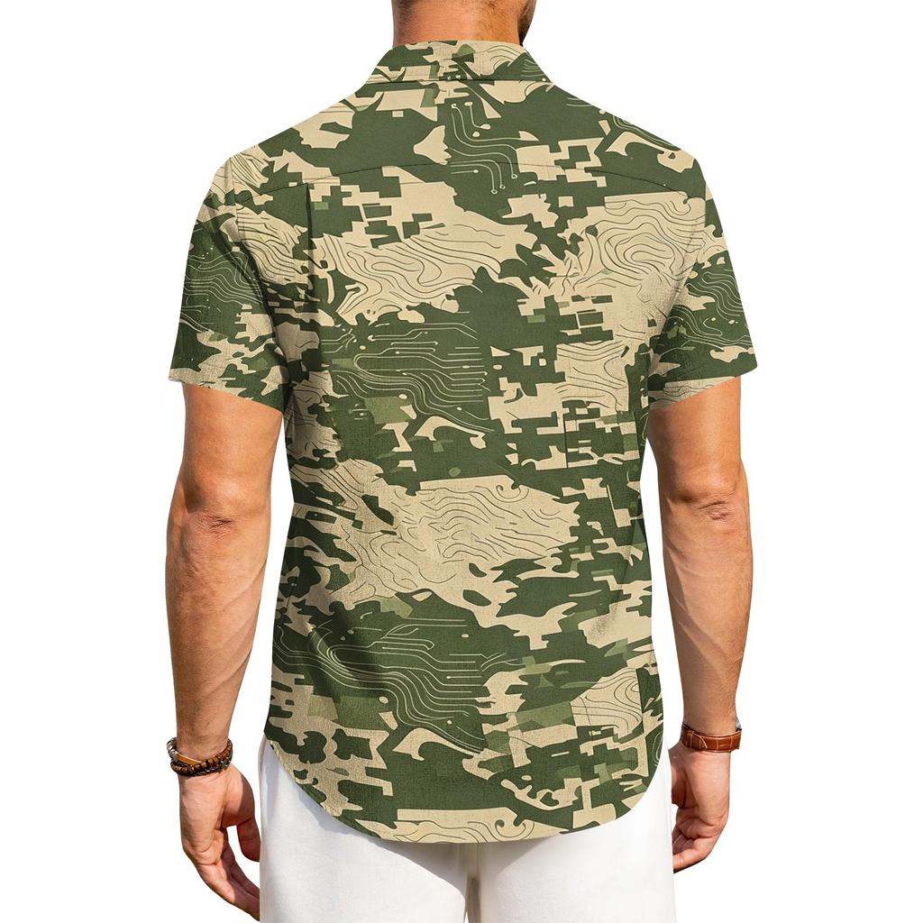 Men's Casual Short Sleeve Button Down Shirt Lightweight Breathable Fabric Regular Fit Summer Top with Camouflage Print Design
