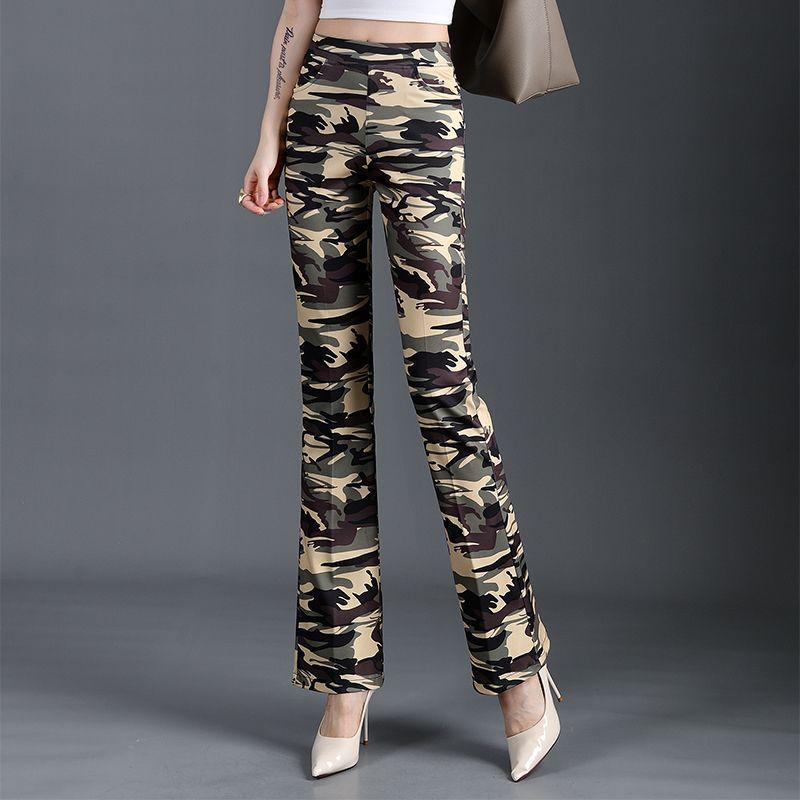 Women's Camouflage Army Green Micro-Flare Pants - Slim Fit, Plus Size, Versatile, Casual, Summer Style