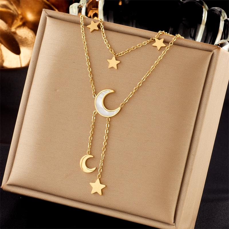 DIEYURO 316L Stainless Steel Star Moon Long Pendant Necklace For Women New Fashion Girls Multilayer Clavicle Chain Zircon Gifts