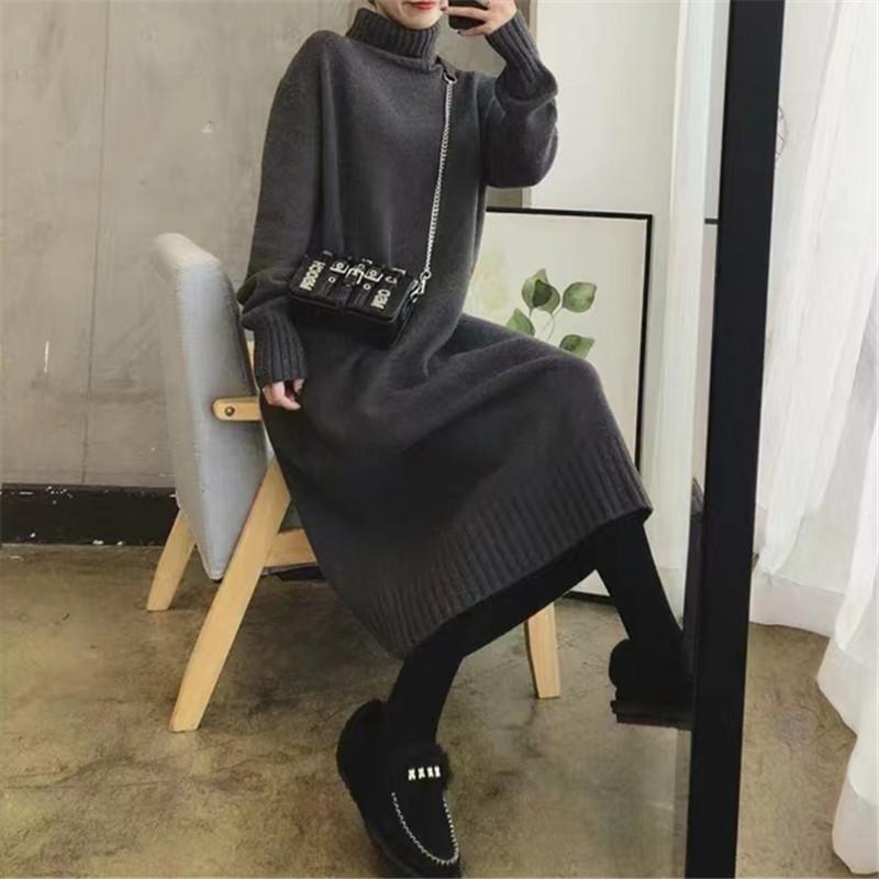 With coat autumn and winter turtleneck temperament dress knee-knit loose and thin bottom long dress new sweater