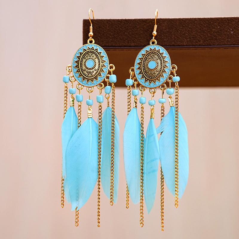 Ethnische Vintage Lange Temperament Federohrringe für Damen Elegante Geometrische Perlenkette Quaste Ohrring Boho Damen Schmuck