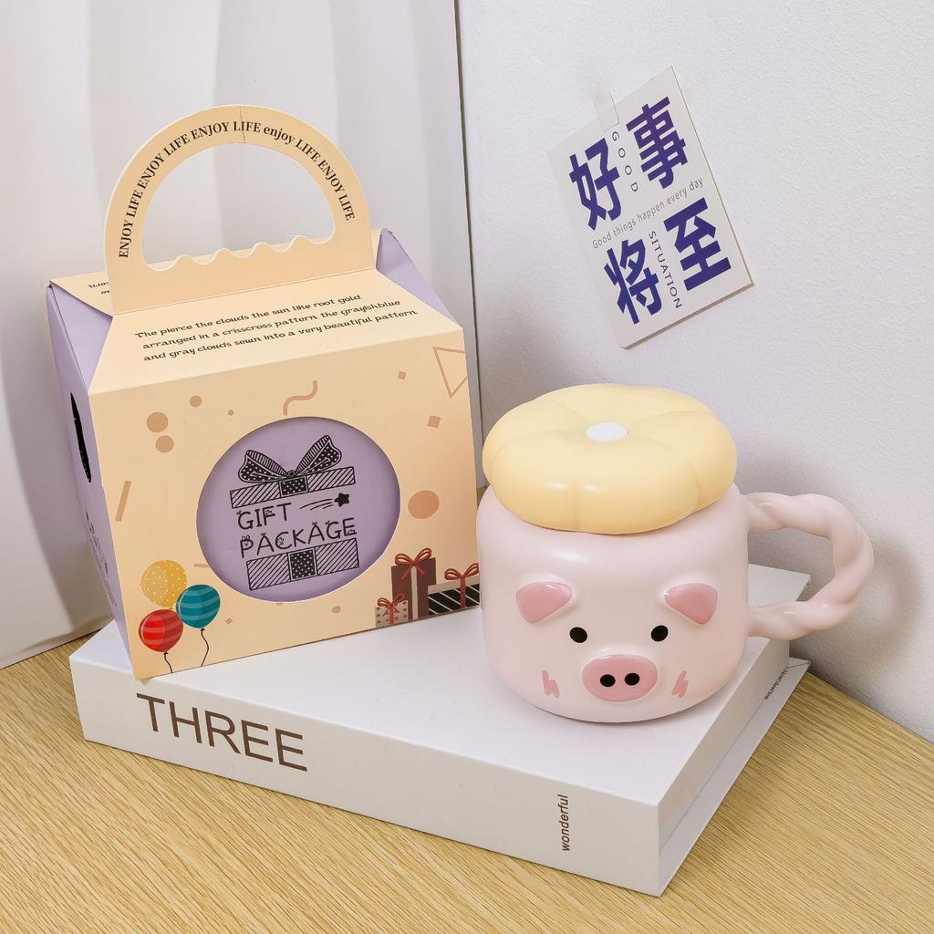 Pig ceramic mug cute with lid spoon water cup household coffee cup couple girl cup high value