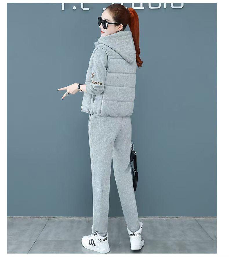 Women's Fleece-Lined Embroidered Hoodie Three-Piece Set for Autumn/Winter 2024