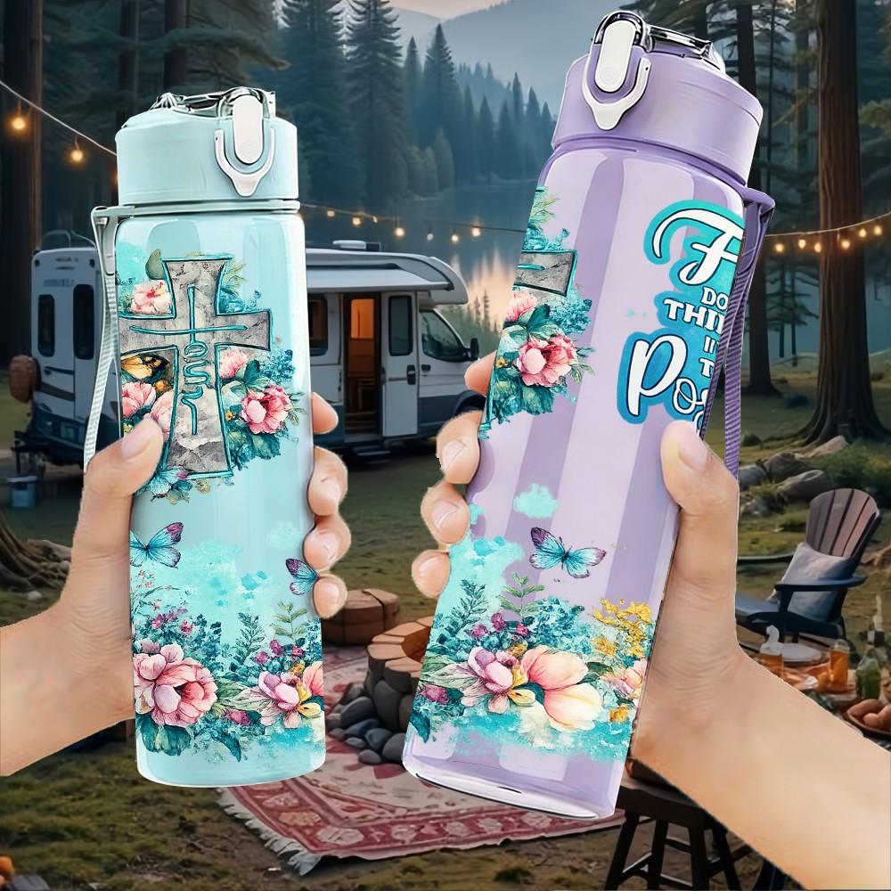 1PC Faith Hope Teal Floral Lettering 750ml Color Plastic Sports Water Bottle Leakproof Flip Straw Lid Suitable for Sports Office Home Use