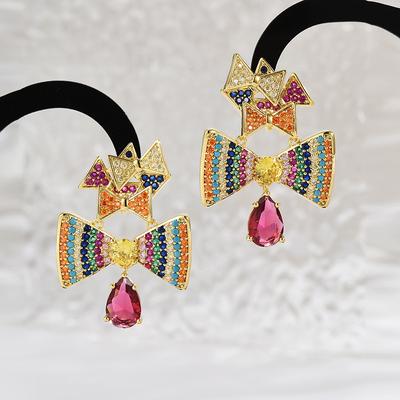 Micro-Inlaid Zircon Colored Bow Water Drop Earrings Earrings Women'S Fashion Light Luxury Heavy Industry Earrings