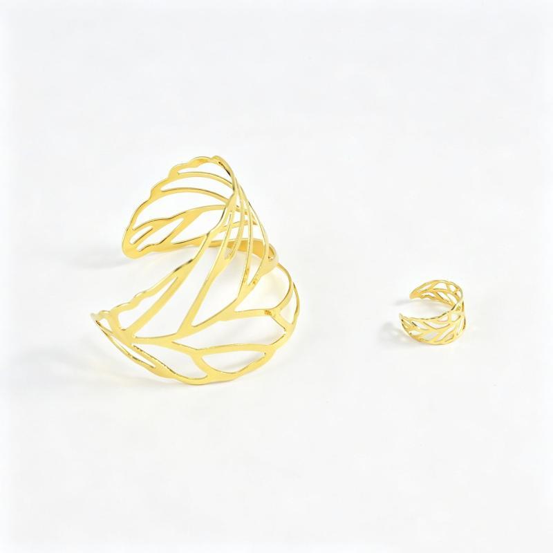 Hollow Leaves Open Bracelet Ring Personalized Niche Jewelry Set Women  Holiday Party Daily Wear Accessories Gift