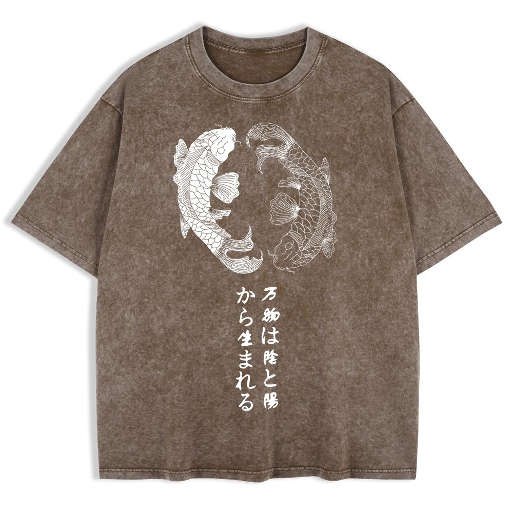 Japanese Koi Harajuku Printed Washed T-Shirts Mens Cotton Short Sleeve Tops Casual O-Neck Oversize T Shirt Soft Clothes