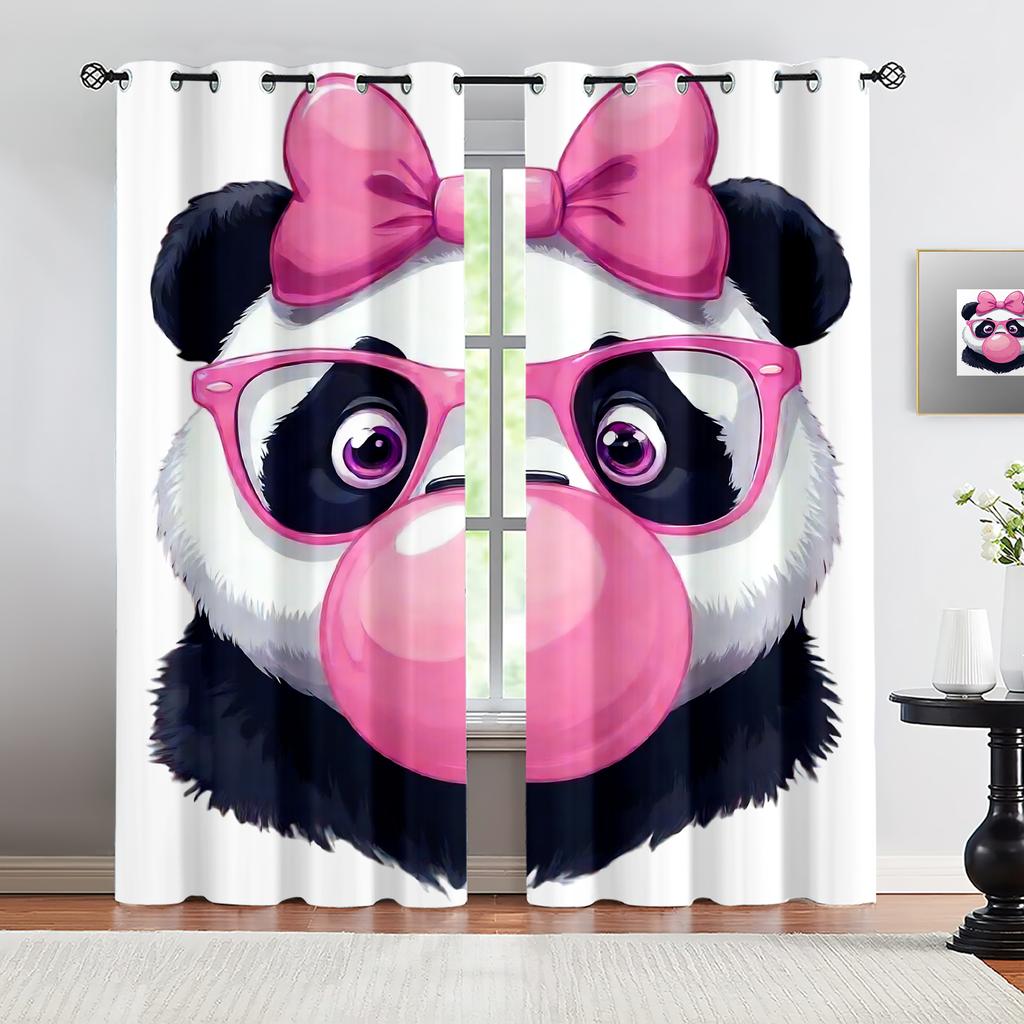 Sweet Girly Pink Bow Panda Blowing Bubble Gum Full Print Window Curtains Grommet Top Decorative Cartoon Curtains