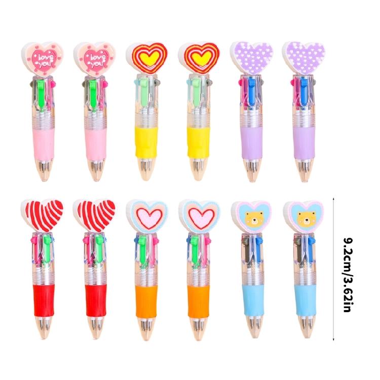 12Pcs Heart Shape Multicolored Pen 4-Color-in-1 Ballpoint Pen for Daily Note Taking Drawing and Classroom Exchange Gift