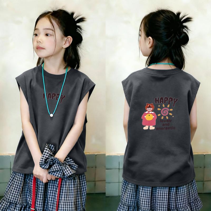 Korean Style Girls' Sleeveless Round Neck Cotton T-Shirt - Trendy Summer Fashion